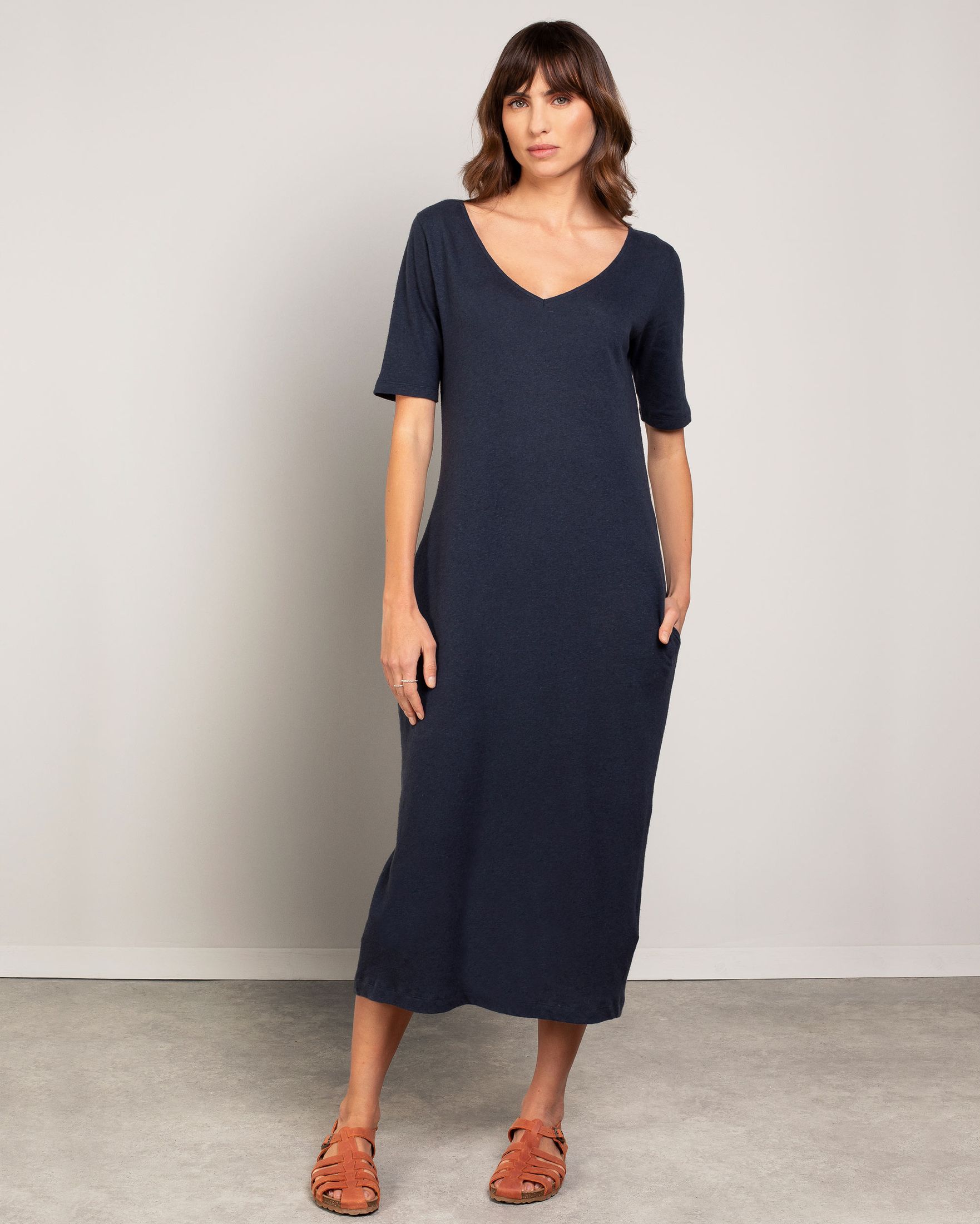 Celtic Linen Blend V Neck Midi Dress