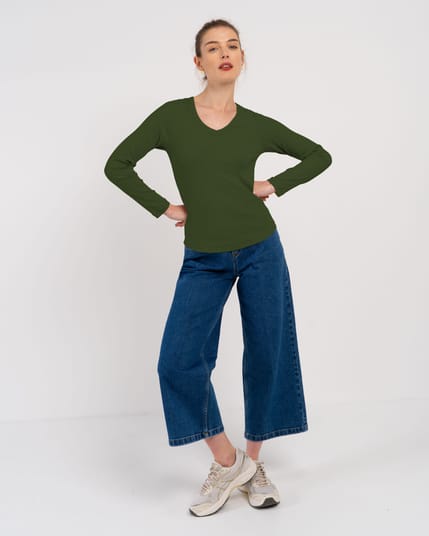 Long Sleeve Cotton Rib V