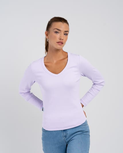 Long Sleeve Cotton Rib V