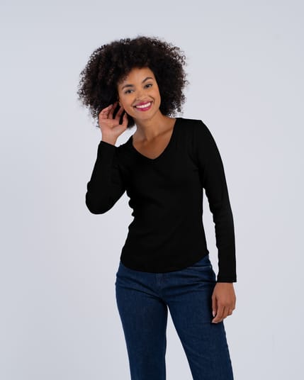 Long Sleeve Cotton Rib V