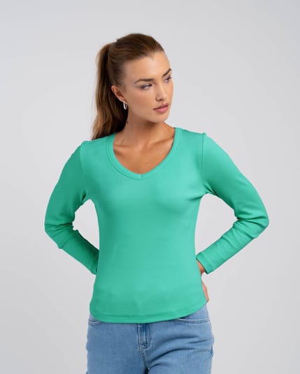 Long Sleeve Cotton Rib V